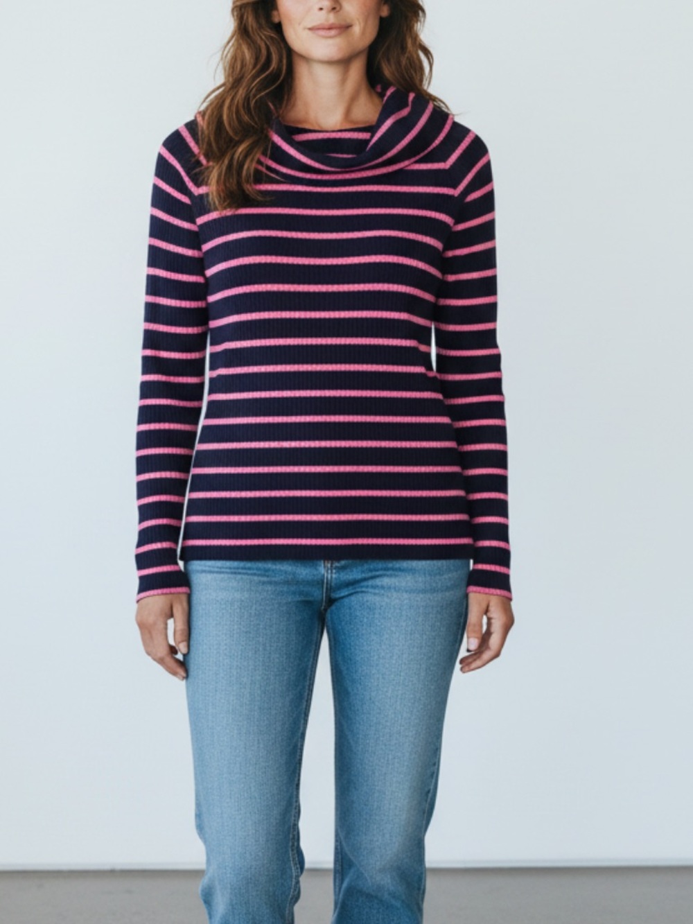 Talbots Striped Navy and Pink Cowl Neck Sweater - Women